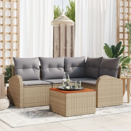 Juego de Sofá de Jardín de 5 Piezas con Cojines en Beige Polirratán y Acacia