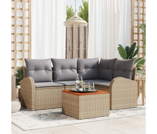 Juego de Sofá de Jardín de 5 Piezas con Cojines en Beige Polirratán y Acacia
