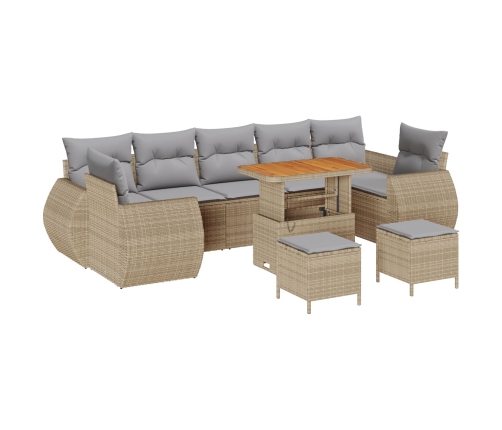Conjunto de Sofá de Jardín de 10 Piezas con Cojines Beige Rattan Poliéster Acacia,  Conjunto de Comedor de Jardín de 3 Piezas con Cojines Beige Rattan Poliéster Acacia
