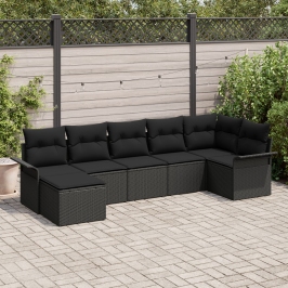 Set de Sofá de Jardín  de 7 Piezas con Cojines Negro Poliratán