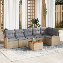 Conjunto de Sofás de Jardín de 7 Piezas con Cojines Beige de Ratán Sintético