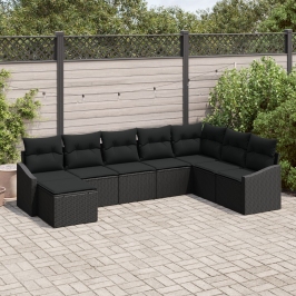 Conjunto de Comedor de Jardín de 8 Piezas con Cojines Negro Ratán Poliéster