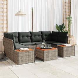 Conjunto de Sofás de Jardín de 7 Piezas con Cojines Gris Ratán Poliéster Acacia