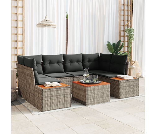 Conjunto de Sofás de Jardín de 7 Piezas con Cojines Gris Ratán Poliéster Acacia