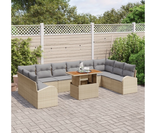 Juego de comedor de jardín de 11 piezas con cojines Beige Ratán Poliéster Acacia