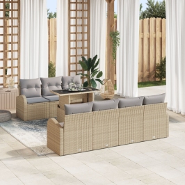Conjunto de Sofás de Jardín  de 8 piezas con Cojines Beige de Ratán Poliéster