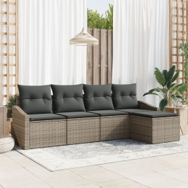 Conjunto de sofá de jardín de 5 piezas con cojines gris poliratán
