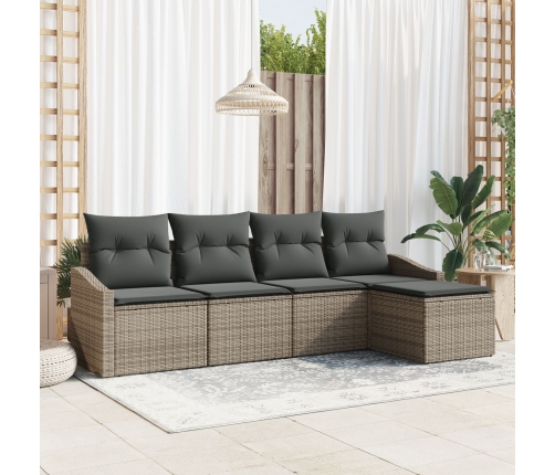Conjunto de sofá de jardín de 5 piezas con cojines gris poliratán