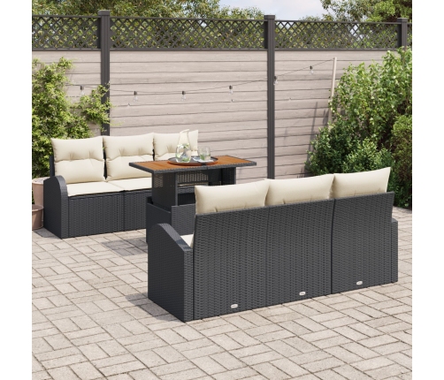 Set de Comedor de Jardín de 7 Piezas con Cojines Negro Ratán Poliéster