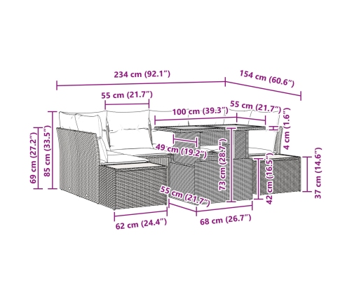 Conjunto de Comedor de Jardín de 7 Piezas con Cojines Ratán Beige Poli Ratan Acacia