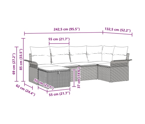 Set de 6 Piezas de Sofá de Jardín con Cojines Marrón Poliratán