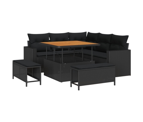 Conjunto de Sofás de Jardín  de 8 piezas con Cojines Negro Polirratán Acacia, Conjunto de Comedor de Jardín  de 3 piezas con Cojines Negro Polirratán Acacia