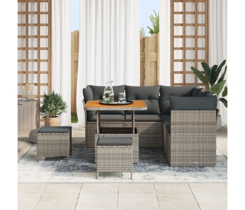 Juego de Sofá de Jardín de 8 Piezas con Cojines Gris de Poliratán Acacia,  Juego de Comedor de Jardín de 3 Piezas con Cojines Gris de Poliratán Acacia