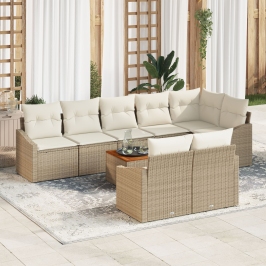 Juego de sofás de jardín de 9 piezas con cojines beige ratán poliéster acacia