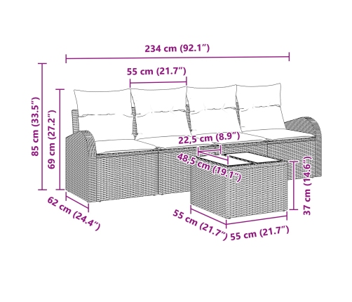 Set de Sofá de Jardín de 5 Piezas con Cojines Beige de Rattan