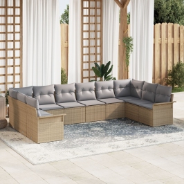 Set de Sofá de Jardín de 10 Piezas con Cojines Ratán Sintético Beige