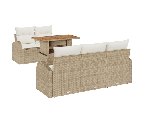 Conjunto de Comedor de Jardín de 6 Piezas con Cojines Beige Ratán Poli Acacia