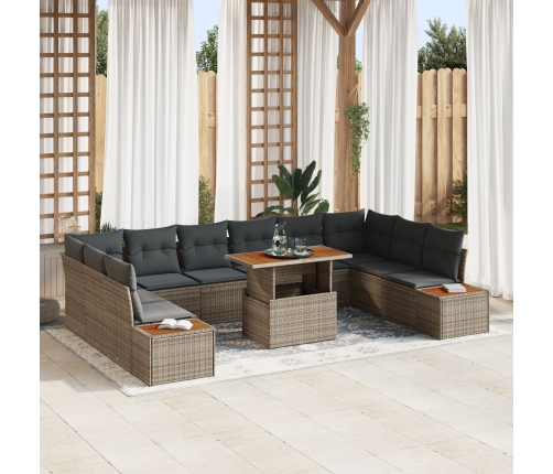 Juego de Comedor de Jardín de 11 Piezas con Cojines Gris de Poliratán Acacia