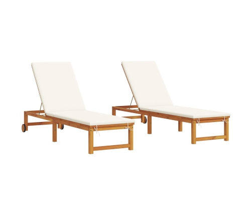 Tumbonas 2 pcs con cojines de madera de acacia,  Tumbona con cojines crema de madera de acacia