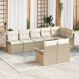 Juego de sofá de jardín de 8 piezas con cojines Beige Poliratán