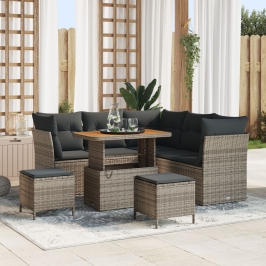 Juego de Sofás de Jardín de 8 Piezas con Cojines Gris Poliratán Acacia,  Juego de Comedor de Jardín de 3 Piezas con Cojines Gris Poliratán Acacia