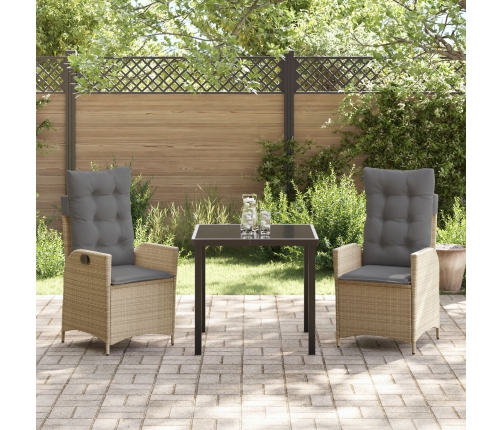 Juego de Comedor de Jardín de 3 Piezas con Cojines Beige Poliratán