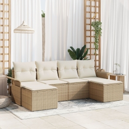 Juego de Sofá de Jardín de 6 Piezas con Cojines Beige de Rattan Poliéster