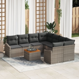 Conjunto de Sofá de Jardín  de 9 Piezas con Cojines Gris Poliratán Acacia