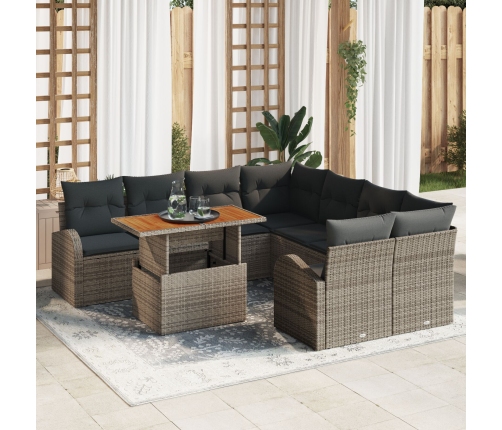 Juego de Comedor de Jardín  de 9 piezas con Cojines Gris Ratán Poliéster Acacia