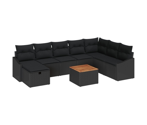 Set de sofá de jardín de 9 piezas con cojines ratán negro