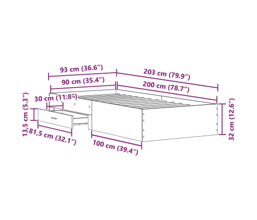 Estructura de Cama Madera Vieja 90x200 cm Madera Fabricada