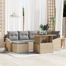 Conjunto de Comedor para Jardín de 7 Piezas con Cojines Beige Poliratán Acacia