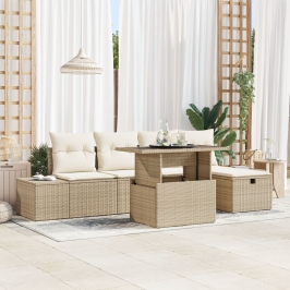 Conjunto de Sofá de Jardín de 6 Piezas con Cojines Beige de Ratán Polihídrico