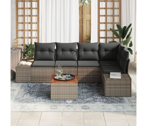 Conjunto de Sofá de Jardín de 6 Piezas con Cojines Gris de Poliratán Acacia