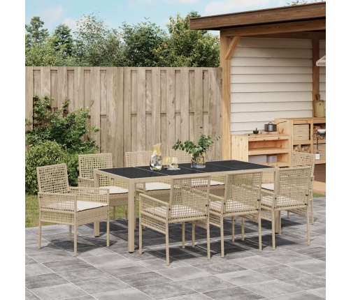 Conjunto de Comedor de Jardín de 9 Piezas con Cojines Beige de Poliratán
