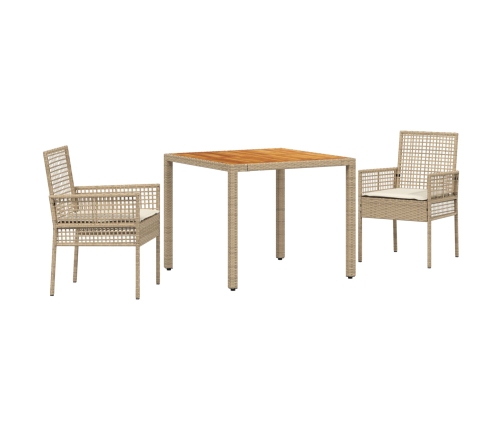 Juego de Comedor de Jardín de 3 Piezas con Cojines Beige de Ratán Poliéster
