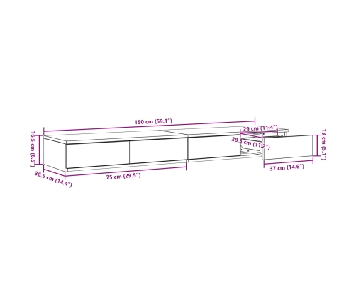 Cajones para cama  en roble ahumado de 150x36,5x16,5 cm, fabricados en madera