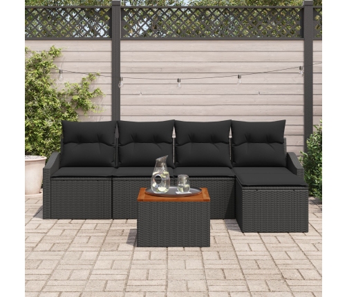 Conjunto de Sofás de Jardín de 6 Piezas con Cojines Negro Ratán Poli Acacia