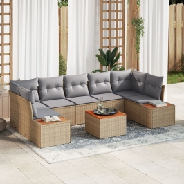 Conjunto de Sofá de Jardín  de 8 Piezas con Cojines Beige Poliratán Acacia