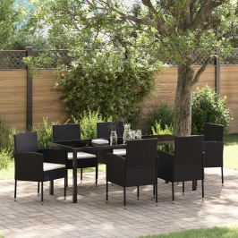 Set de Comedor de Jardín de 7 Piezas con Cojines Negro Poliratán