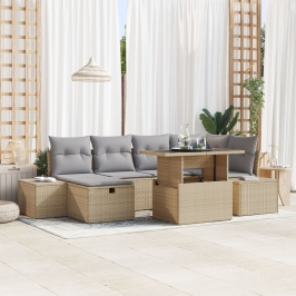 Conjunto de Sofá de Jardín de 7 Piezas con Cojines Beige de Ratán Poliéster
