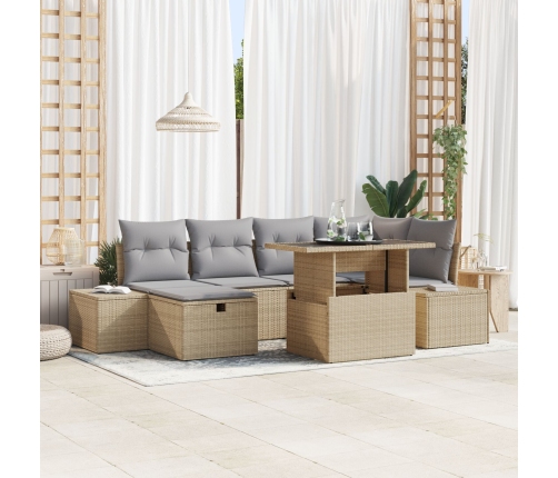 Conjunto de Sofá de Jardín de 7 Piezas con Cojines Beige de Ratán Poliéster
