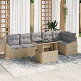 Juego de Sofá de Jardín de 7 Piezas con Cojines Beige Poliratán
