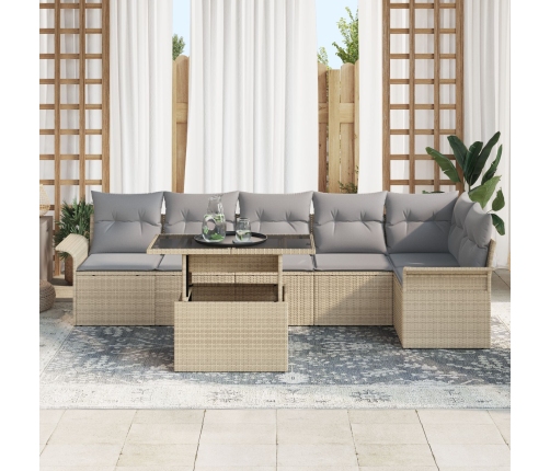 Conjunto de Sofá Jardín  de 7 Piezas con Cojines Beige de Ratán Poliéster