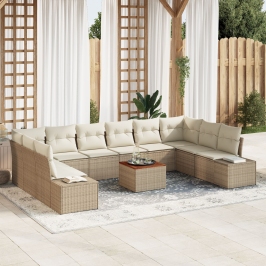Conjunto de Sofá de Jardín  de 11 Piezas con Cojines Beige Ratán Polietileno Acacia
