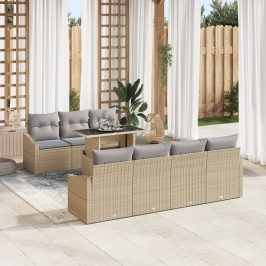 Conjunto de Sofá de Jardín  de 8 Piezas con Cojines Beige de Ratán