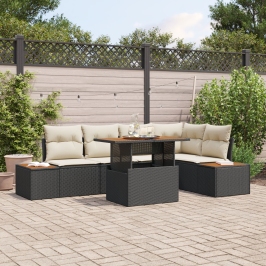 Conjunto de Sofás de Jardín  Set de 6 Negro, Crema Ratán, Poliéster