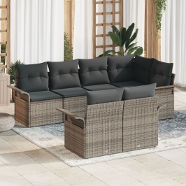 Set de Sofás de Jardín de 7 Piezas con Cojines Gris de Ratán Sintético