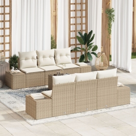 Juego de Sofá de Jardín de 7 Piezas con Cojines Beige Poliratán