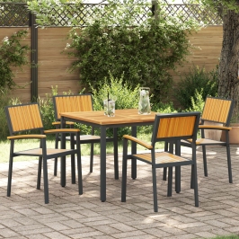 Juego de Comedor Jardín Conjunto de 5 Negro y Marrón Metal y madera